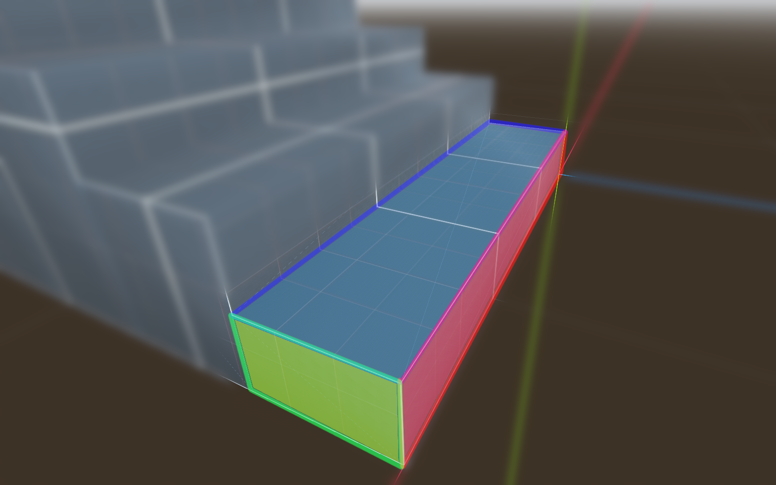 Example step in perspective view with each face highlighted.
The top face highlighted blue, side is green, and front is red